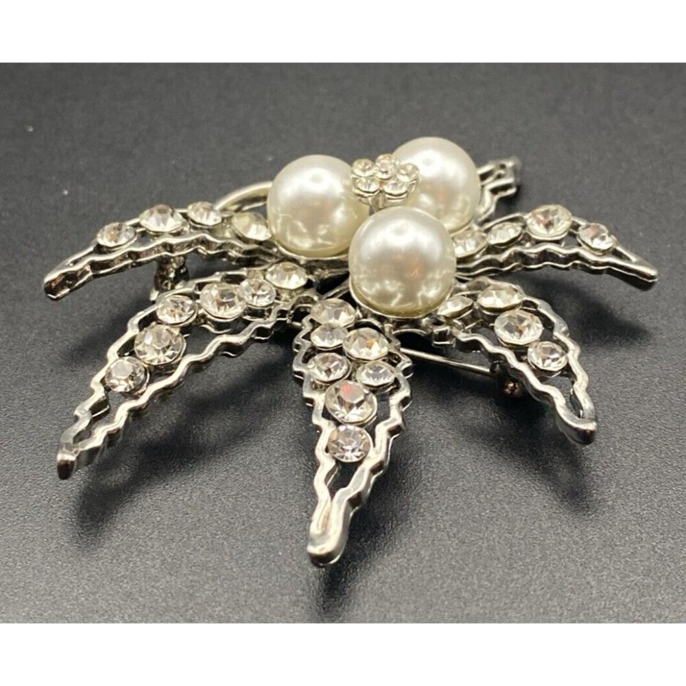 Crystal Bridal Brooch Pin Faux Pearl Silver Tone Filigree Leaves Prom Pageant 2" - Picture 3 of 9